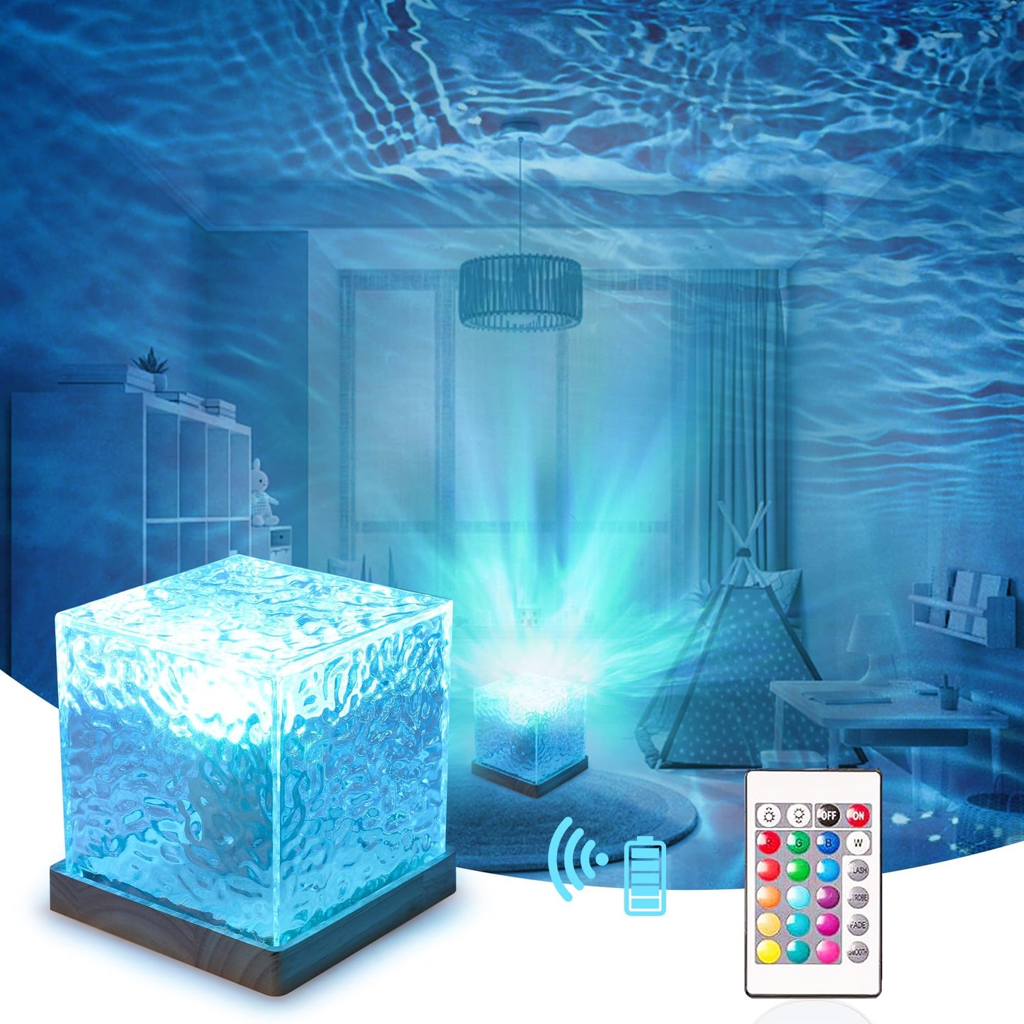 Crystal Cube Ocean Wave Night Light – Rotating Water Ripple LED Projector with Remote
