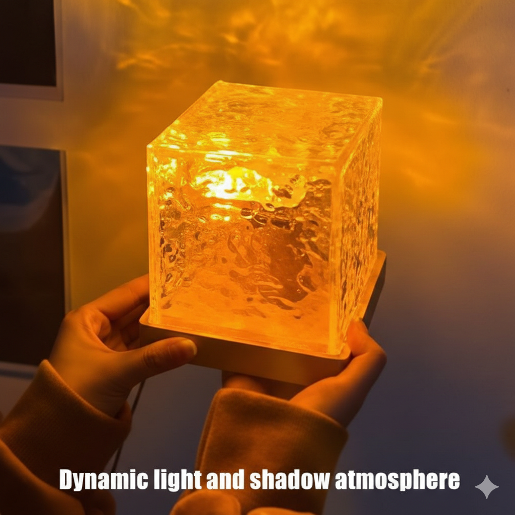 Hand holding a glowing crystal cube with dynamic light and shadow atmosphere