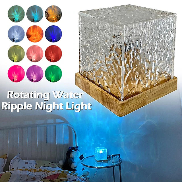 Crystal Cube Ocean Wave Night Light – Rotating Water Ripple LED Projector with Remote