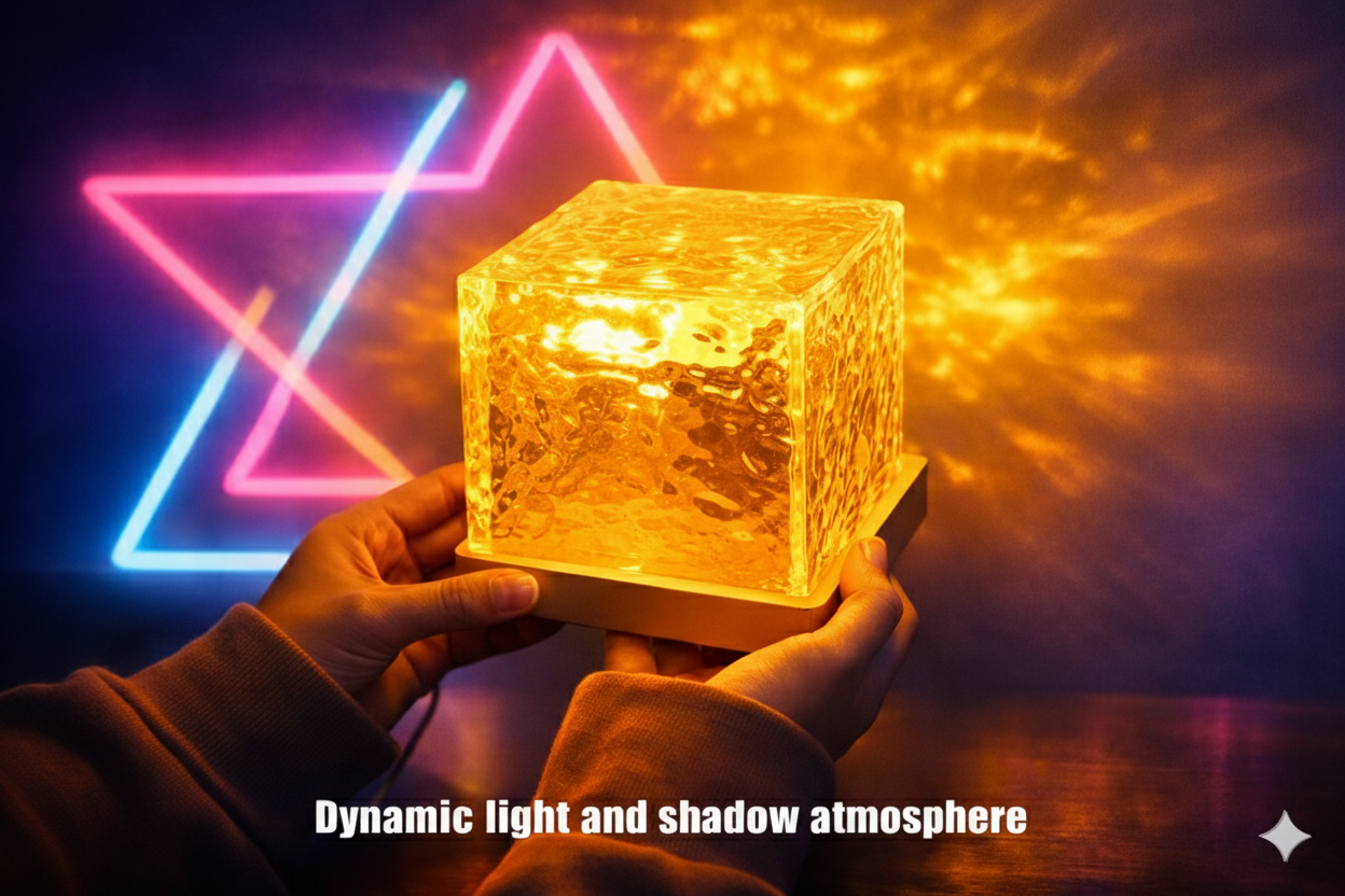 Crystal Cube Ocean Wave Night Light – Rotating Water Ripple LED Projector with Remote