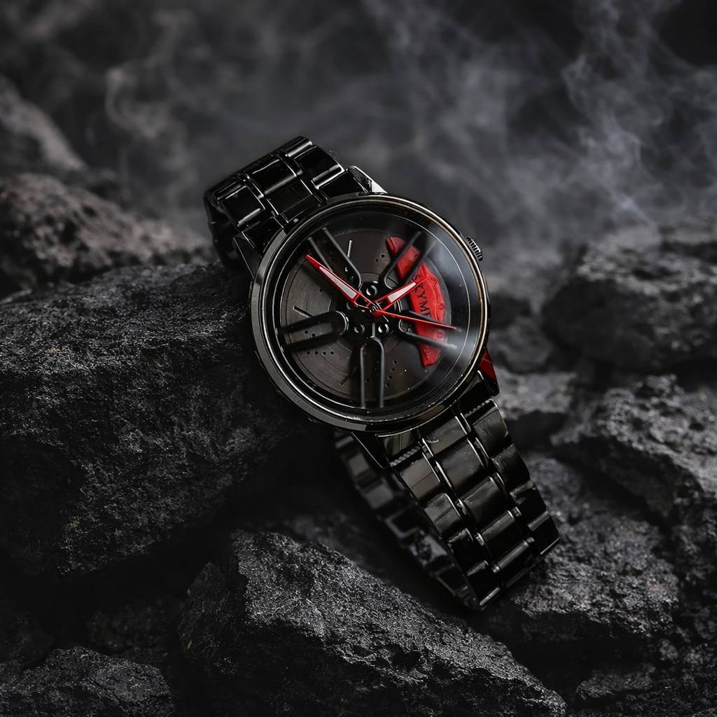 Black watch with red accents on a dark stone surface