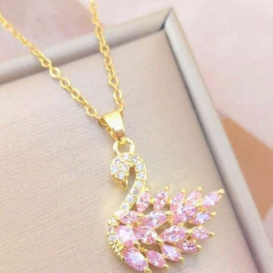 Swan Zircon Necklace for Women – Elegant Gold-Plated Crystal Swan Pendant Necklace (Pink)