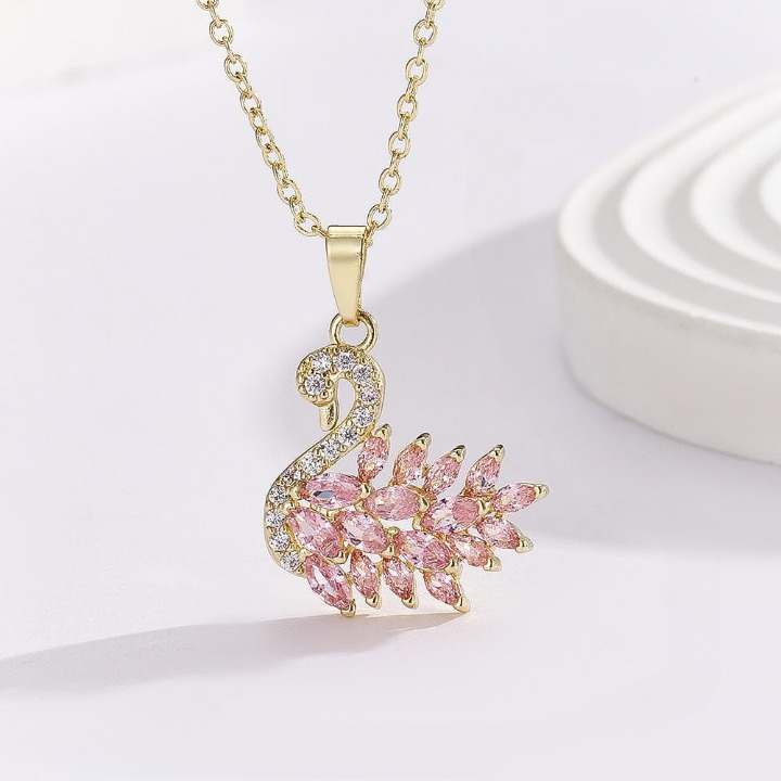 Swan Zircon Necklace for Women – Elegant Gold-Plated Crystal Swan Pendant Necklace (Pink)