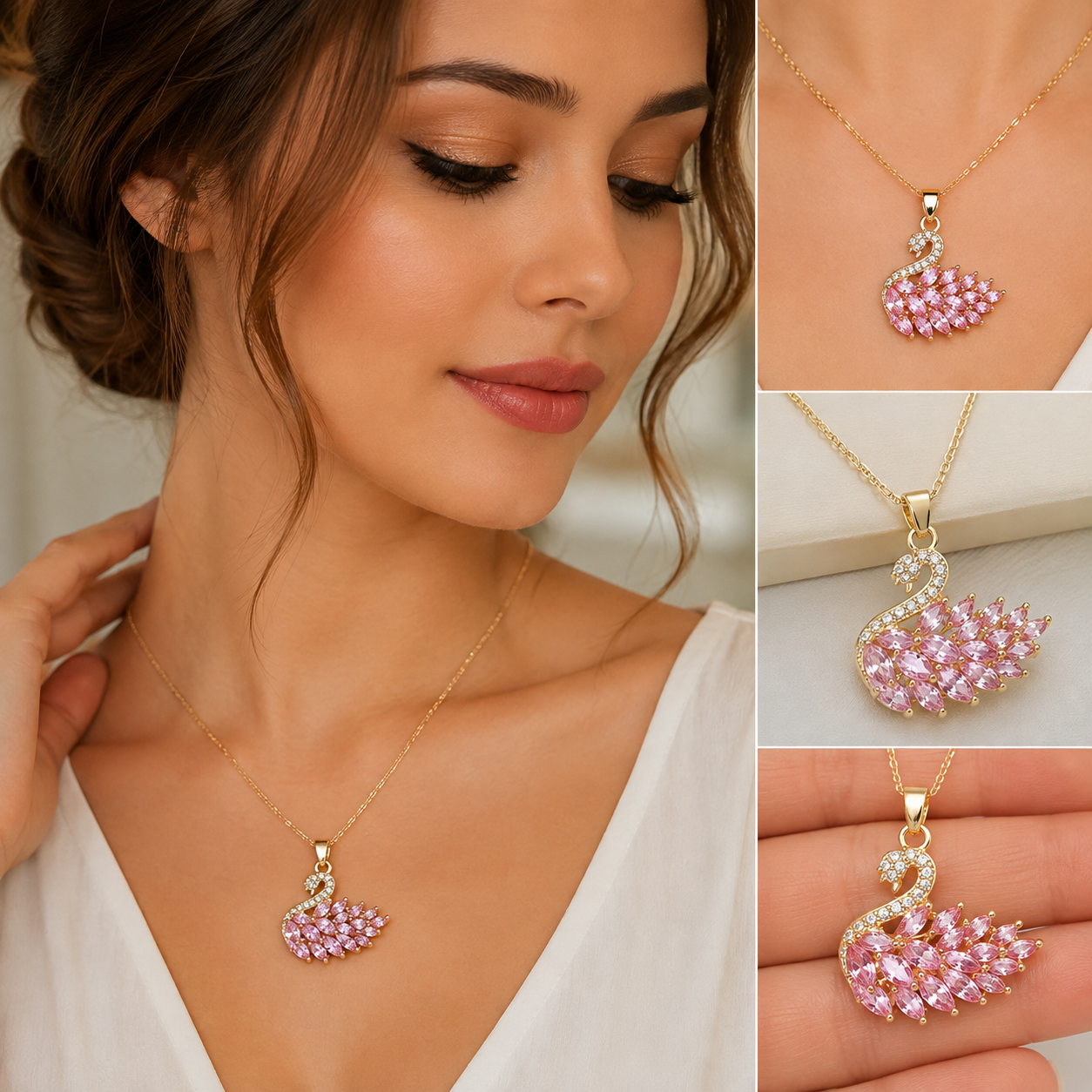Swan Zircon Necklace for Women – Elegant Gold-Plated Crystal Swan Pendant Necklace (Pink)