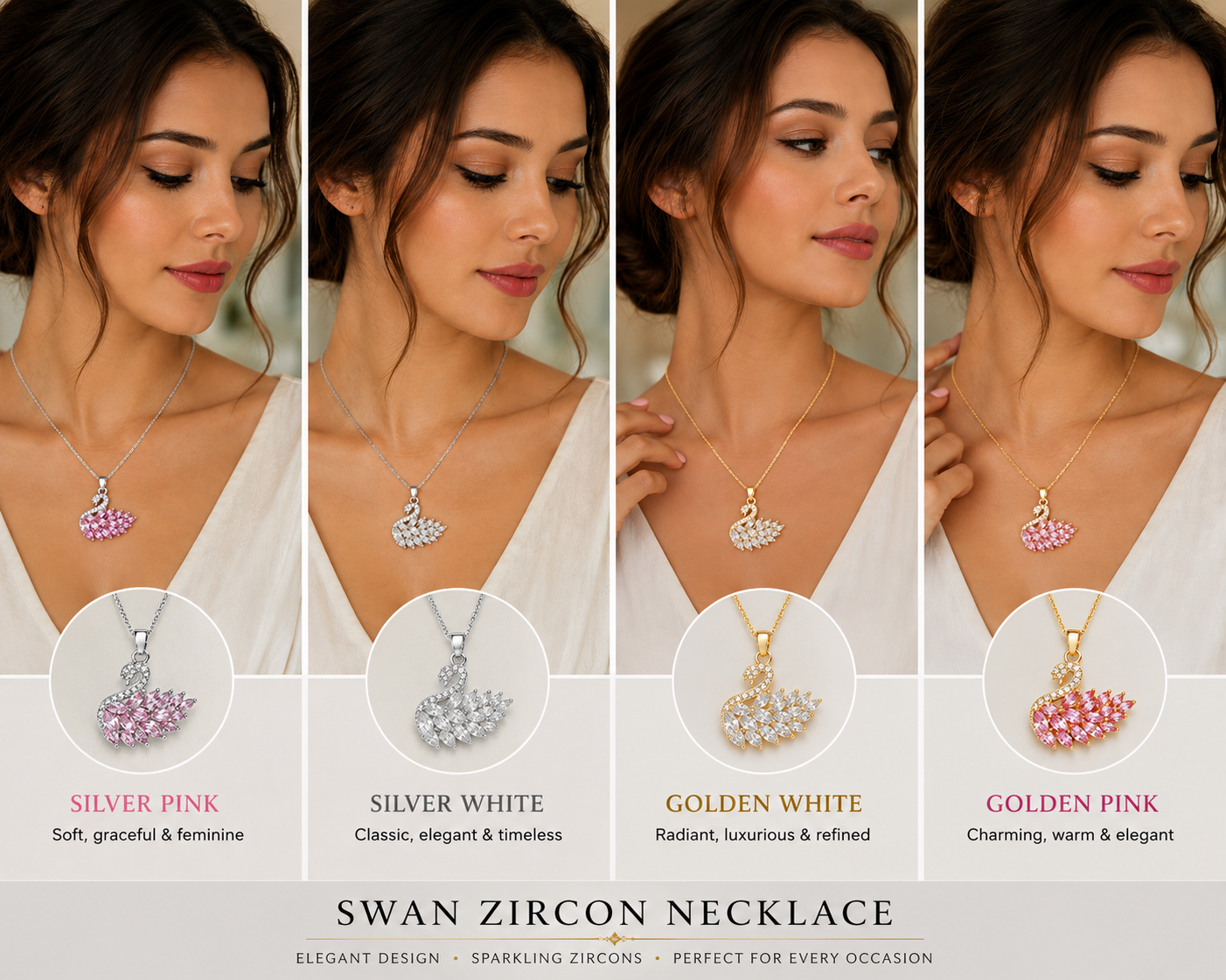 Swan Zircon Necklace for Women – Elegant Gold-Plated Crystal Swan Pendant Necklace (Pink)
