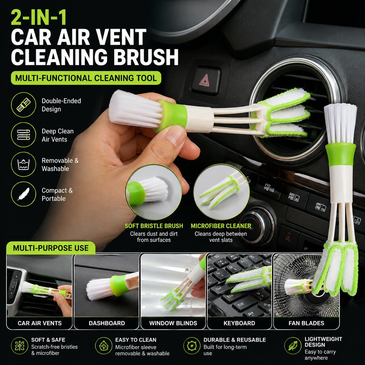 2-in-1 Car Air Vent Cleaning Brush – Multi-Function Microfiber Dashboard & Interior Detail Cleaner