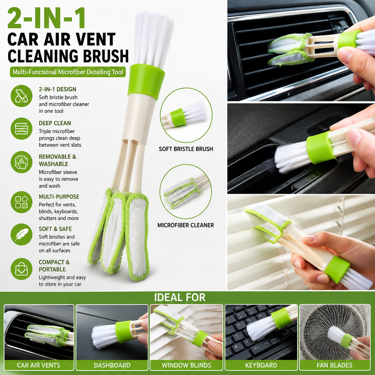 2-in-1 Car Air Vent Cleaning Brush – Multi-Function Microfiber Dashboard & Interior Detail Cleaner