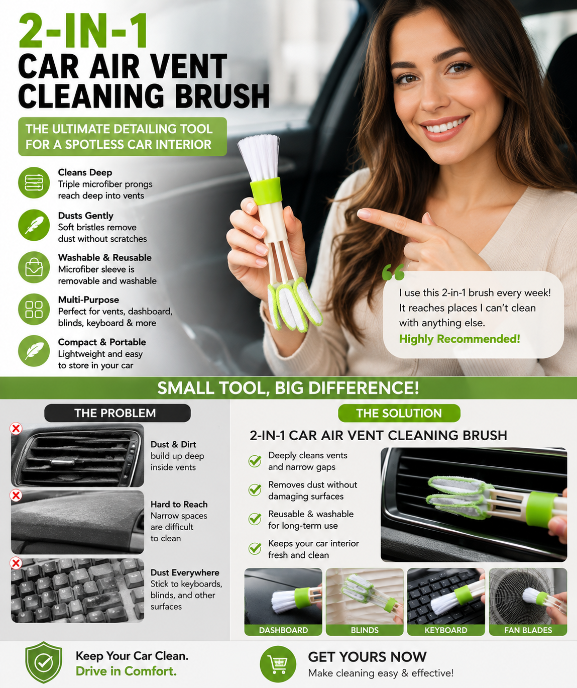 2-in-1 Car Air Vent Cleaning Brush – Multi-Function Microfiber Dashboard & Interior Detail Cleaner