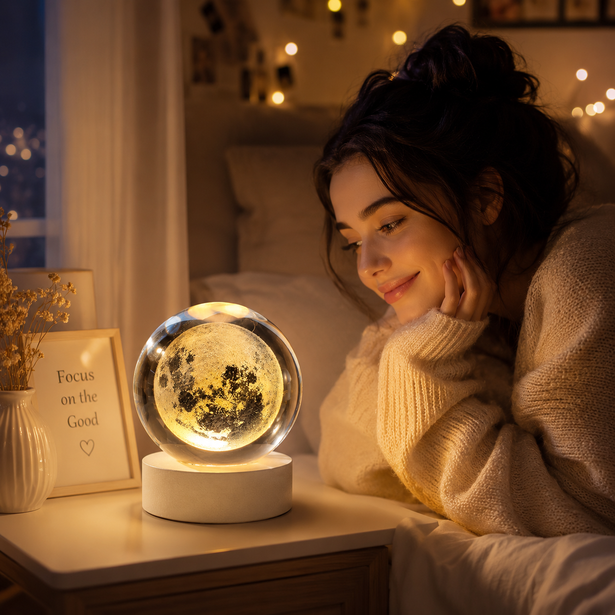 A woman in a cozy bedroom setting looks at a glowing moon-shaped night light on a bedside table. The product is a spherical lamp with a detailed moon design inside, illuminated from within and sitting on a white cylindrical base.
