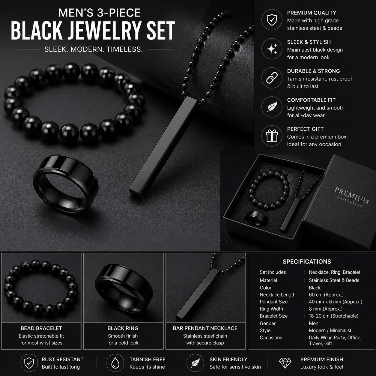 Men's 3-Piece Stainless Steel Jewelry Set – Premium Black Chain, Bracelet & Ring Set