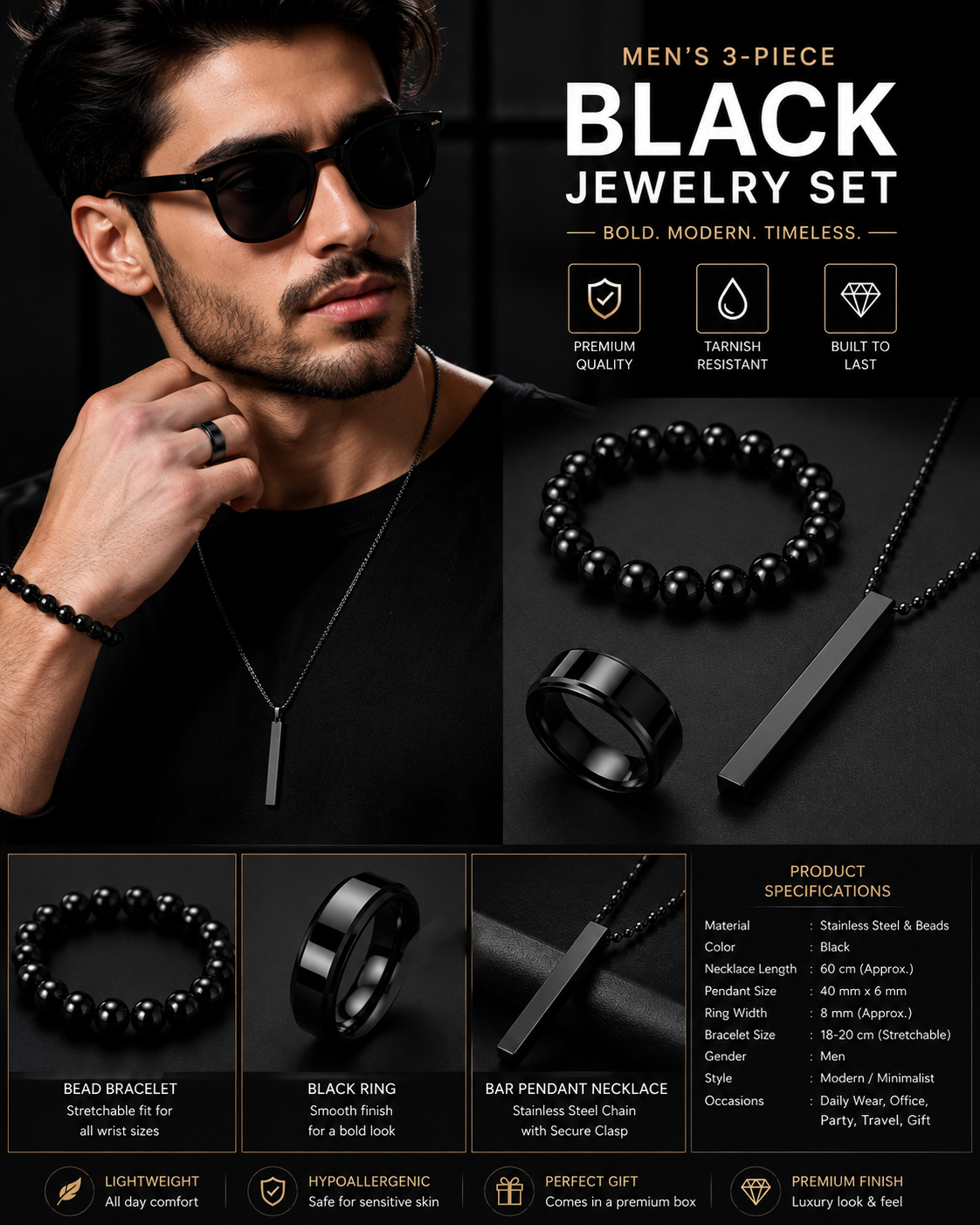 Men's 3-Piece Stainless Steel Jewelry Set – Premium Black Chain, Bracelet & Ring Set
