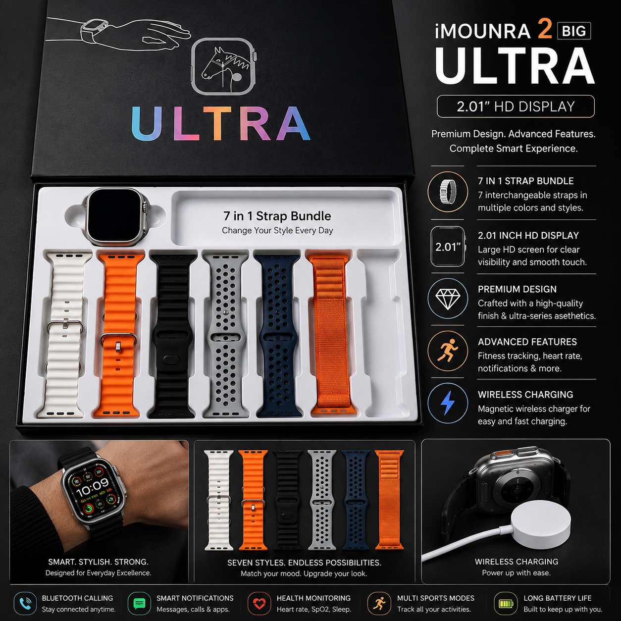 iMounra 2 BIG 2.01" Ultra Smartwatch – 7-in-1 Multi-Strap Smart Watch Bundle (Random Box)