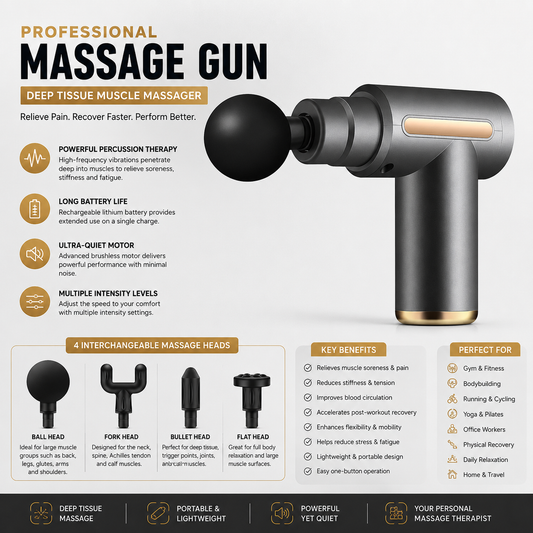 Portable Rechargeable Deep Tissue Massage Gun – Multiple Heads for Muscle Relaxation