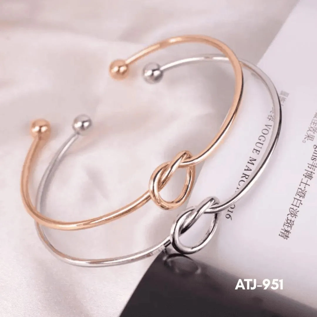 Korean Knot Design Bangle for Women – Elegant Gold & Silver Open Cuff Bracelet