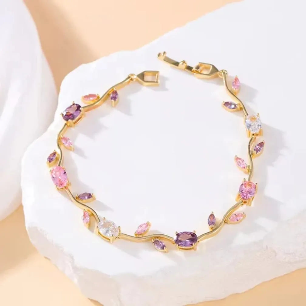 Pink Crystal Gold Bracelet – Elegant Floral Charm Bracelet