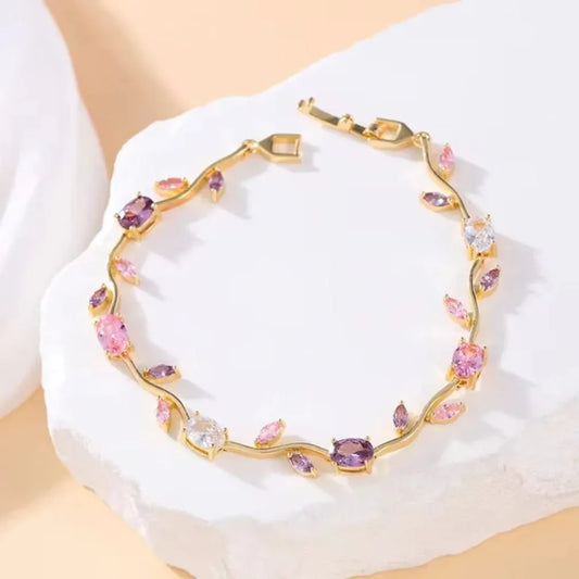 Pink Crystal Gold Bracelet – Elegant Floral Charm Bracelet