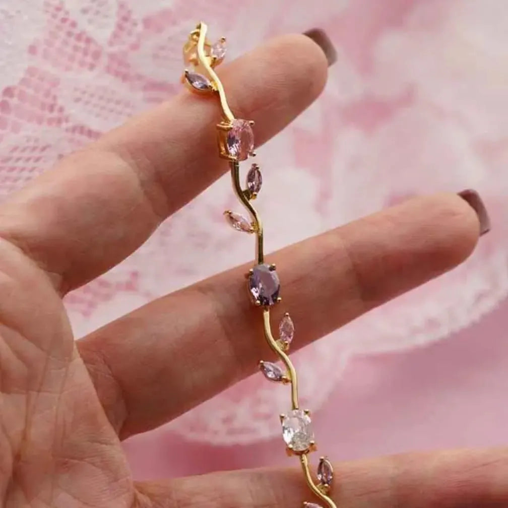 Pink Crystal Gold Bracelet – Elegant Floral Charm Bracelet