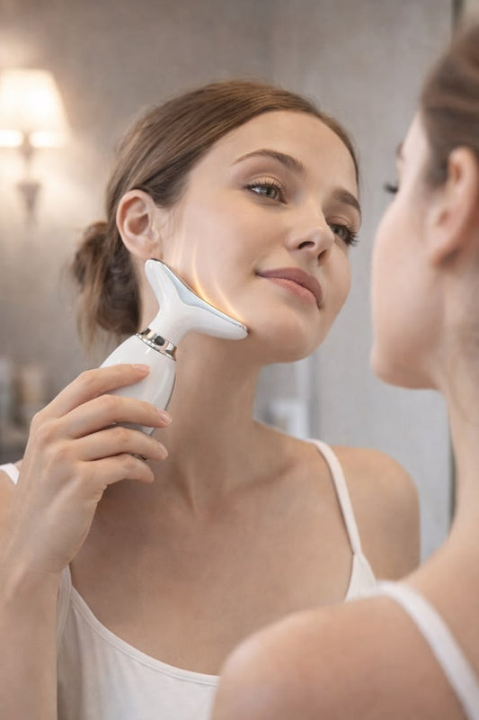 Woman using a skincare device in front of a mirror